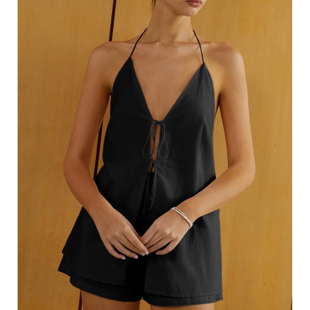 Commense Black Cotton Linen Halter Top and Shorts 2 Piece Set Medium NEW